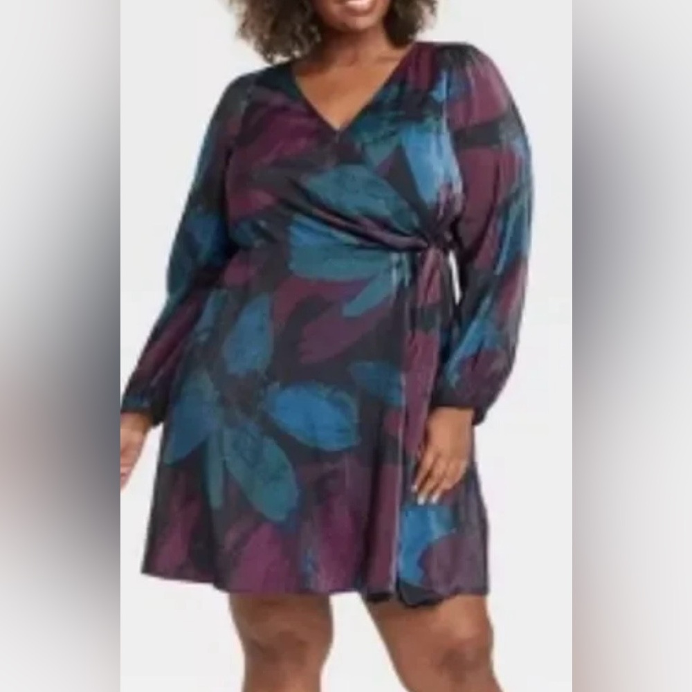 Ava & Viv Teal Blue and Plum Printed Wrap Midi Dress